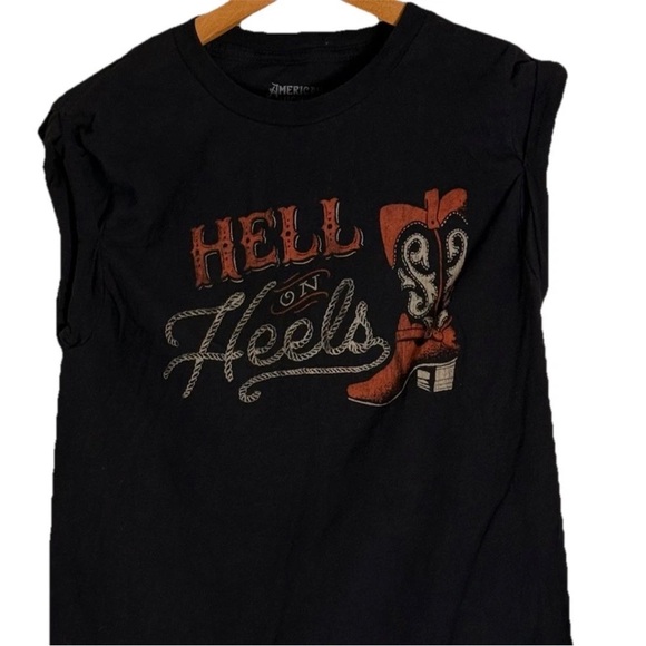 Hell On Heels Muscle T Rolled-Sleeve Black Orange Women’s Sz S Country Boot Rope - Picture 1 of 5
